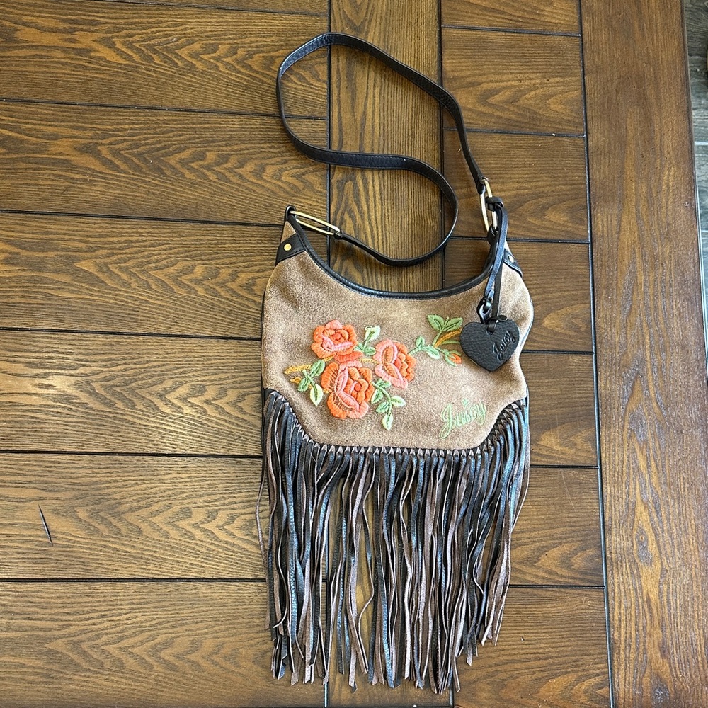 VTG Rare Juicy Couture Brown Fringe Crossbody with Orange Floral Embroidery